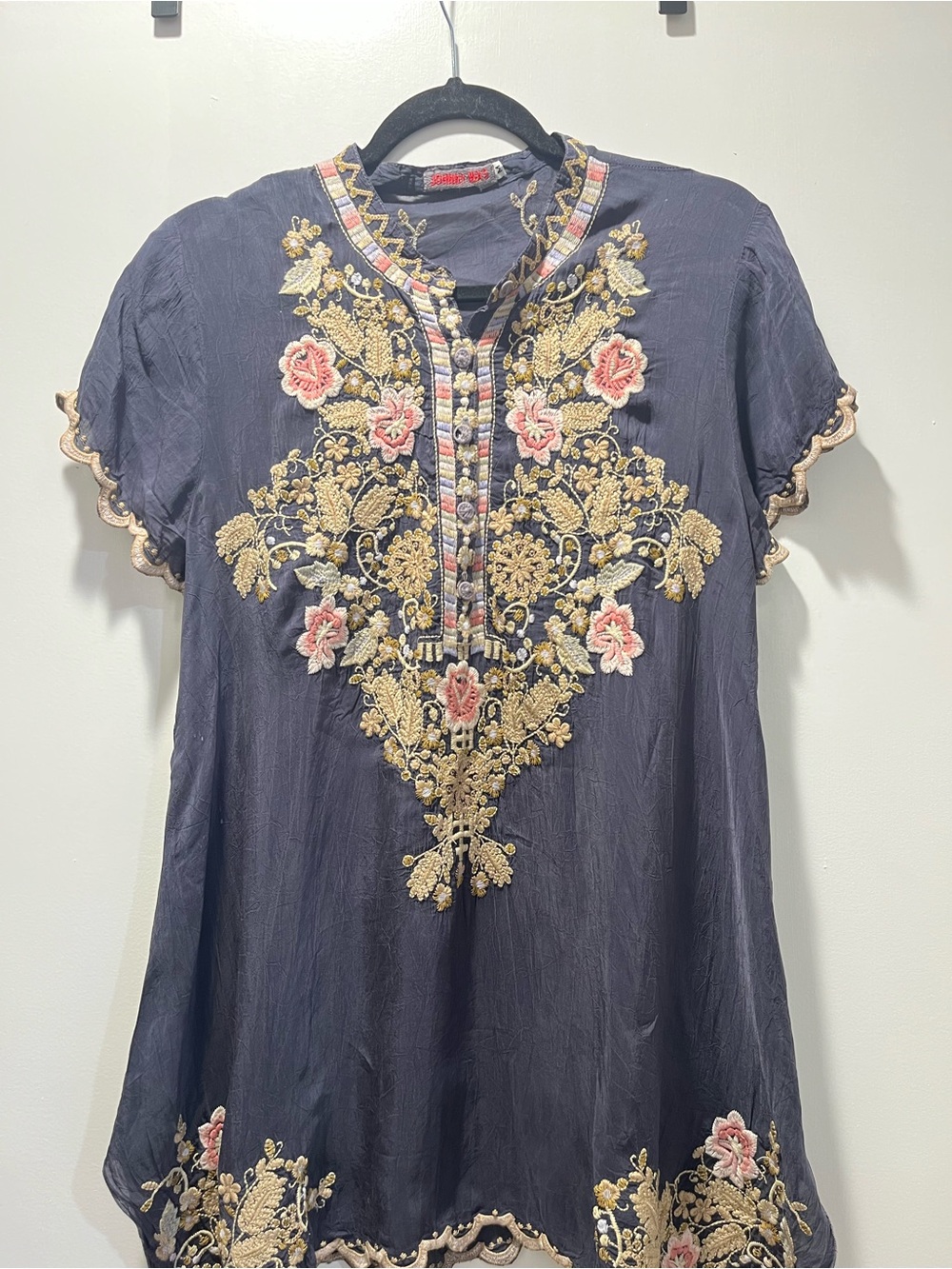 Johnny Was Navy Tunic with Gold and Pink Floral Embroidery